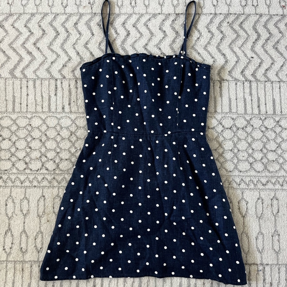 Reformation navy with white polka dots mini dress